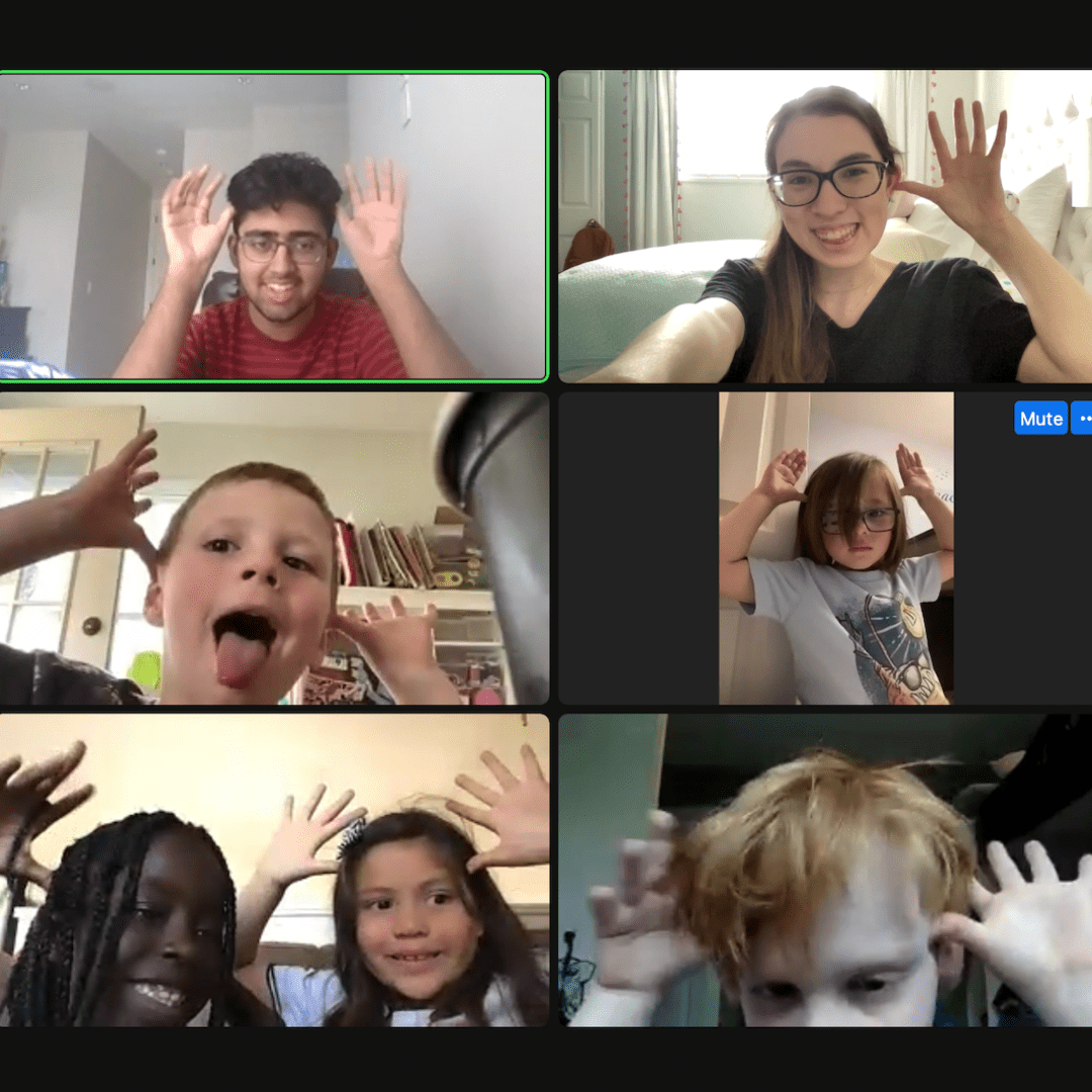 A screenshot of five kids and two WCK volunteers making silly faces during an online Hangout.