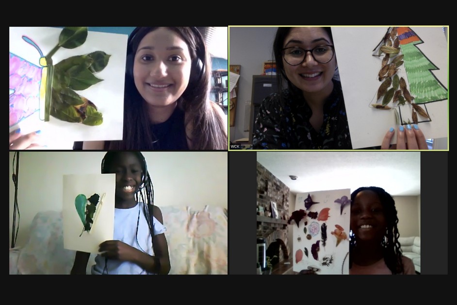 A screenshot of a virtual hangout with volunteers and kids doing craft activities and showing their creations from the west coast kids cancer foundation