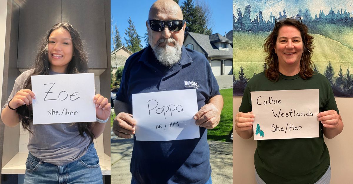 Photos of Zoe (she/her), Poppa (he/him), and Cathie (she/her) holding signs with their names and pronouns on.
