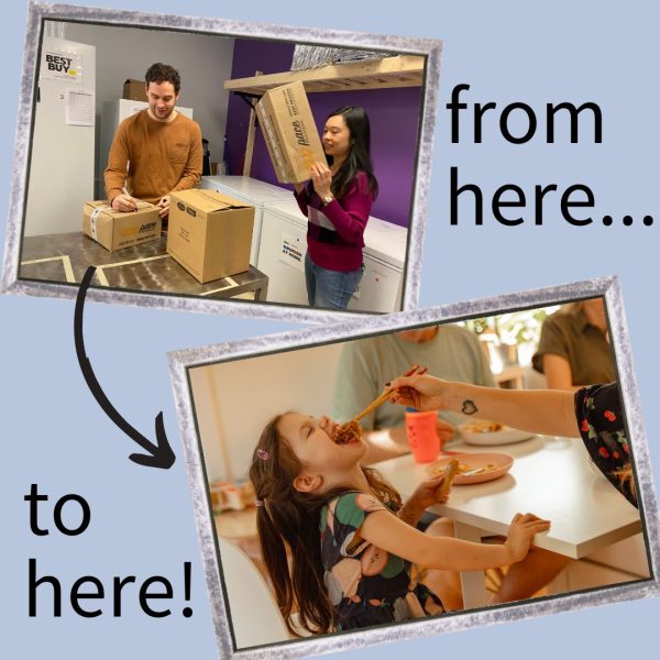 The image says "from here..." (with a photo of Alice and Greg in the WCK office packing meals) "...to here" (with a photo of a little girl being fed noodles by her mom and smiling. They are in their home at the dining table.